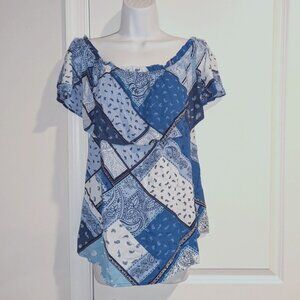 NEW Maurices Handkerchief Flowy Navy Ruffled Short Sleeve Scoop Neck Top Shirt M